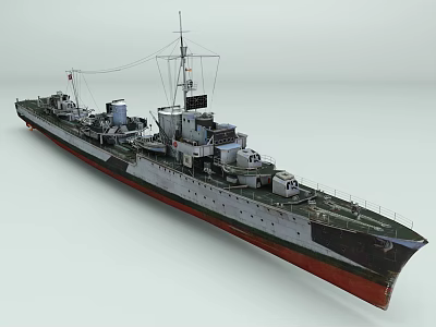 Vintage Warship 3D Model With Gray Hull Black Superstructure And Red Bottom 3d model