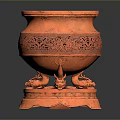 Red Decorative Vessel With Intricate Carved Patterns And Animal Shaped Feet On Base