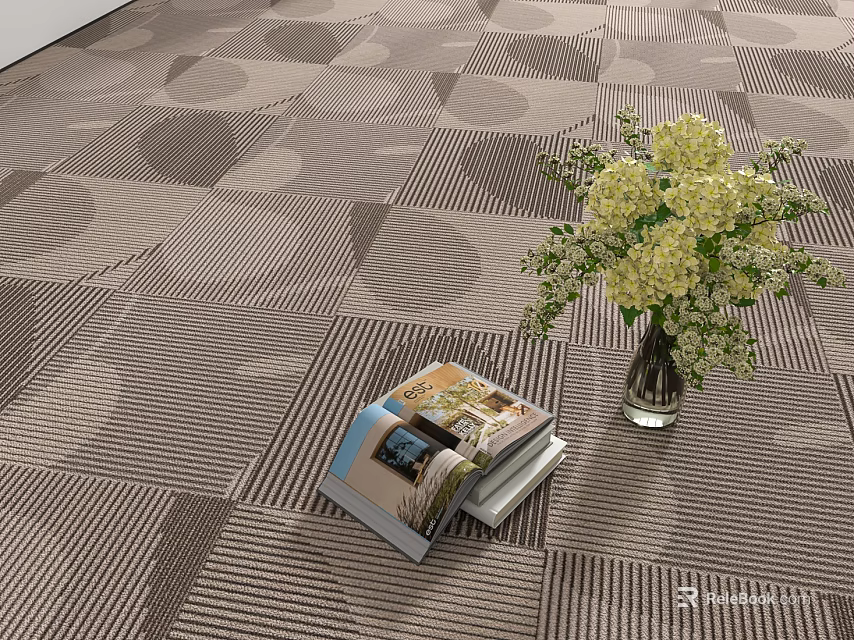 Modern Geometric Patterned Floor with Vase of Flowers and Stacked Magazines 3d model 