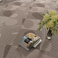 Modern Geometric Patterned Floor with Vase of Flowers and Stacked Magazines