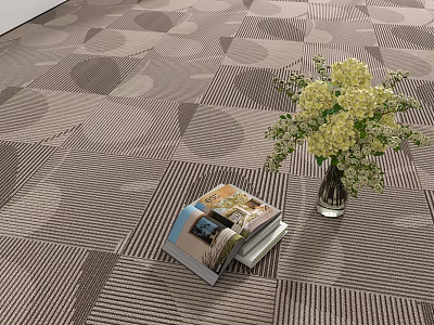 Modern Geometric Patterned Floor with Vase of Flowers and Stacked Magazines 3d model