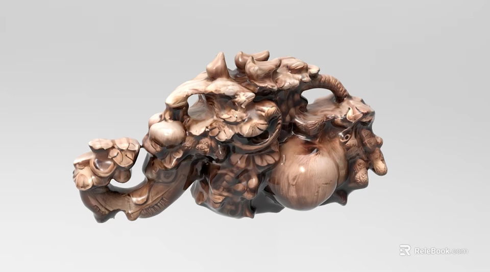 Intricate Wooden Sculpture Carving With Detailed Fruits Branches And Leaf Designs 3d model 