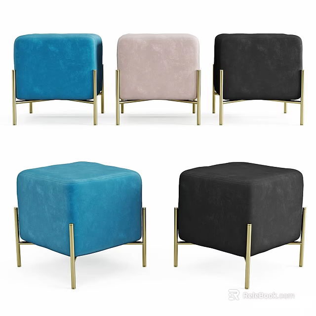 Luxury Modern Accent Chairs And Ottomans With Blue Pink Black Upholstery And Gold Metal Legs 3d model 