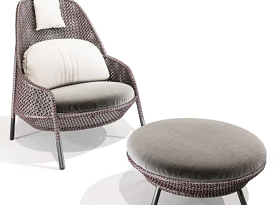 Elegant Woven Single Seater Sofa With White Cushion And Gray Ottoman Metal Legs 3d model