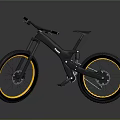Black Mountain Bike With Yellow Rims Modern Frame Large Tires And Front Suspension