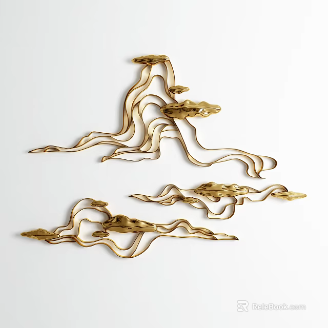 Modern Abstract Gold Wall Decor Featuring Curved Metallic Wave and Cloud Designs 3d model 