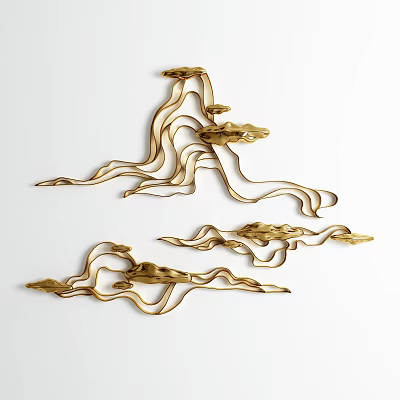 Modern Abstract Gold Wall Decor Featuring Curved Metallic Wave and Cloud Designs 3d model