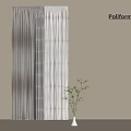 Modern Vertical Curtain Design in Gray and White Tones with Green Plant by Beige Wall