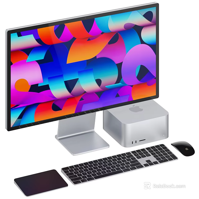 Apple Computer Setup With Colorful Abstract Wallpaper Monitor Desktop Keyboard And Mouse 3d model 