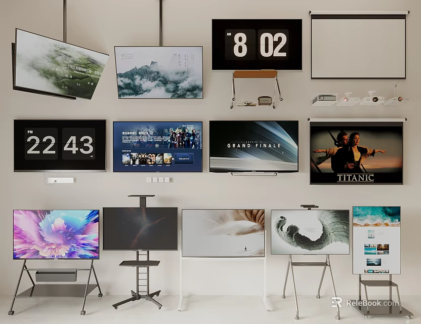 Various Modern TVs Wall Mounted and Stand Placed With Scenic Movie Posters and Time Displays 3d model 