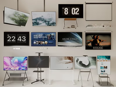 Various Modern TVs Wall Mounted and Stand Placed With Scenic Movie Posters and Time Displays 3d model