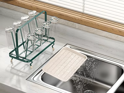 Essential Kitchen Tools Featuring Glass Rack And Drying Mat By Sink Countertop 3d model