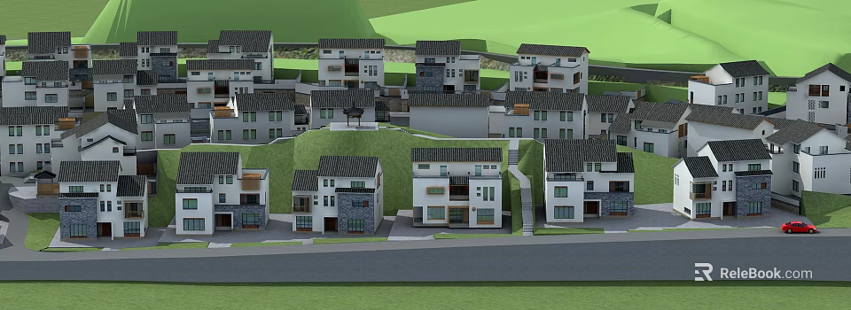 Traditional Chinese Village Houses Featuring Hinged Doors On Green Hillside 3d model 