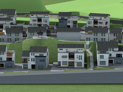 Traditional Chinese Village Houses Featuring Hinged Doors On Green Hillside 3d model