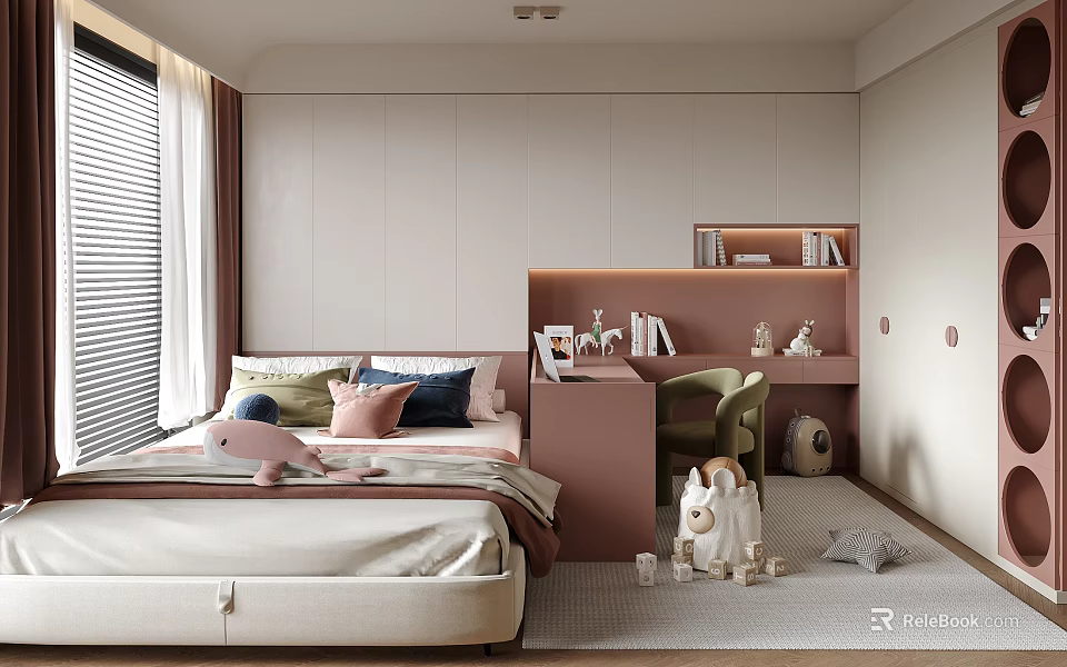 Cozy Tatami Bedroom Interior With Bed Desk Green Chair And Stuffed Toys 3d model 