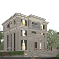 Elegant Detached Villa Exterior With Classic Design Large Windows Balcony And Lush Garden