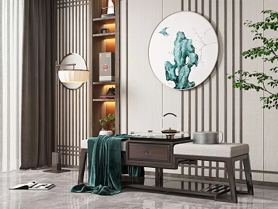 Elegant Chinese Footstool With Green Blanket And Tea Set Near Decorative Painting And Bookshelf 3d model