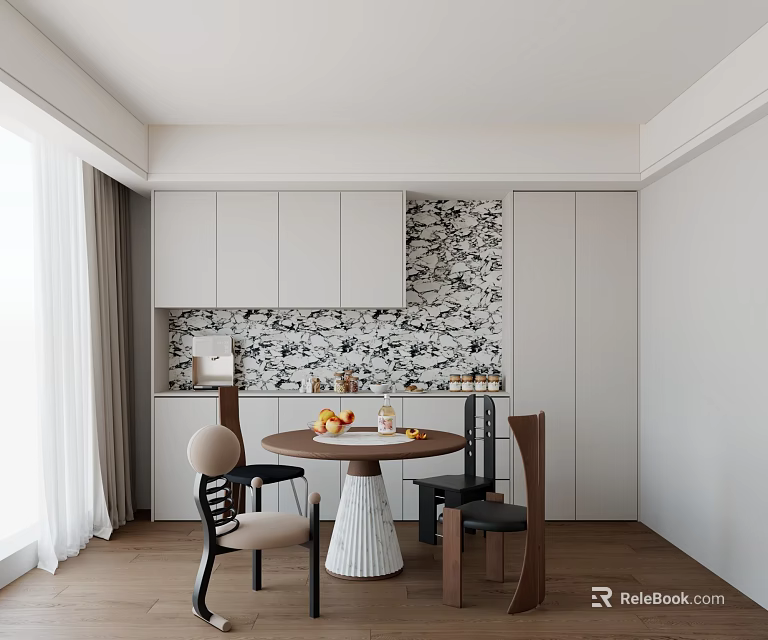 Modern Restaurant Interior With White Cabinets Patterned Tile Backsplash Round Dining Table Wooden Floor Window 3d model
