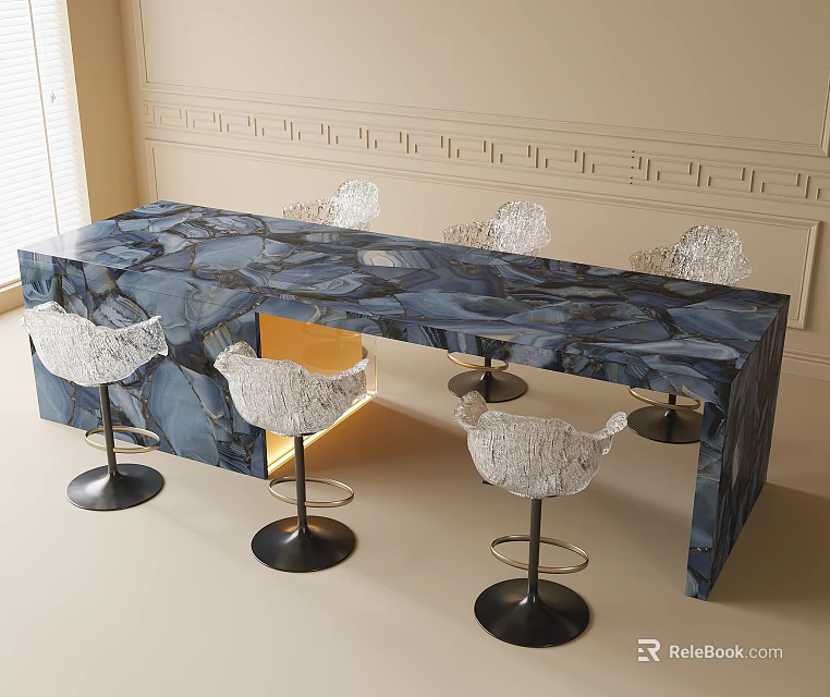 Blue Marble Counter Dining Table Set With Transparent Acrylic Chairs 3d model