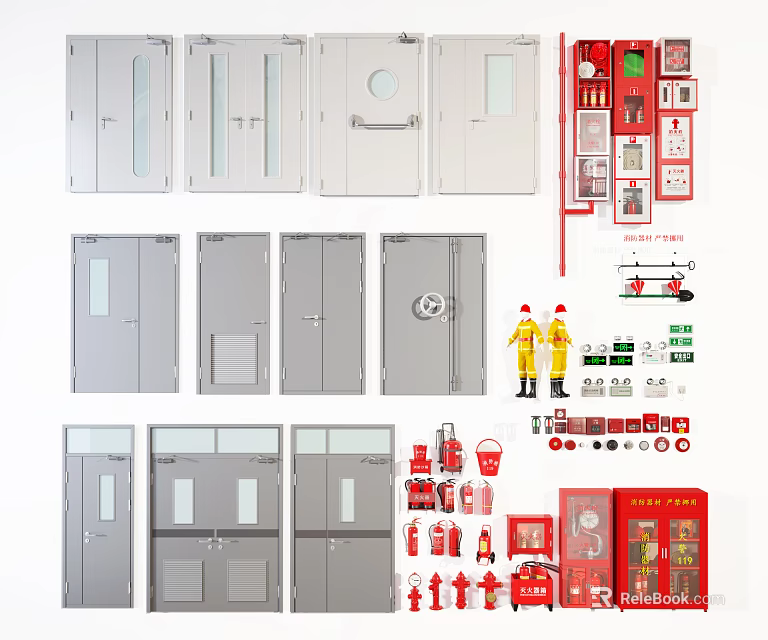 Essential Fire Safety Equipment with Fire Doors Extinguishers Cabinets and Uniforms 3d model 