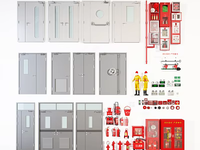 Essential Fire Safety Equipment with Fire Doors Extinguishers Cabinets and Uniforms 3d model