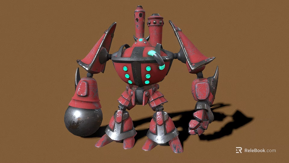 Red And Silver Mechanical Robot Character With Spherical Body Green Lights And Powerful Arms Legs 3d model 