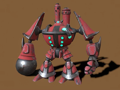 Red And Silver Mechanical Robot Character With Spherical Body Green Lights And Powerful Arms Legs 3d model