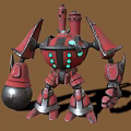 Red And Silver Mechanical Robot Character With Spherical Body Green Lights And Powerful Arms Legs