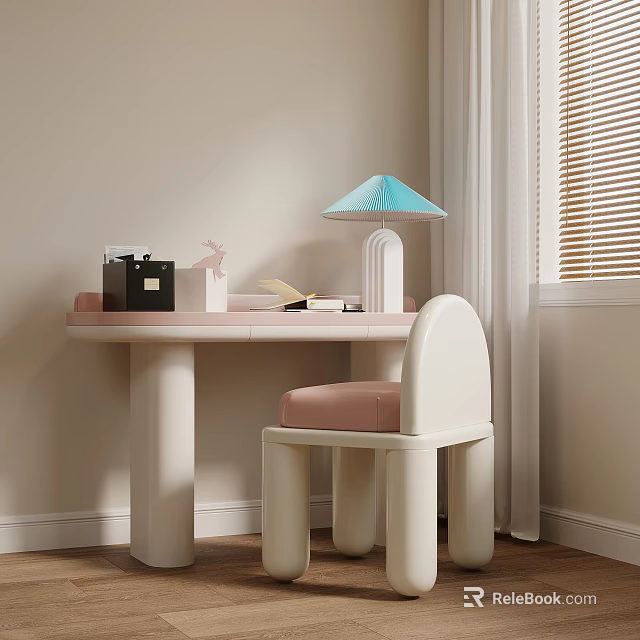 Cozy Room Desk With Pink Chair Blue Shade Lamp Books Curtains And Blinds 3d model 
