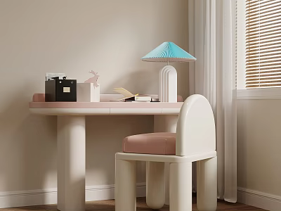 Cozy Room Desk With Pink Chair Blue Shade Lamp Books Curtains And Blinds 3d model