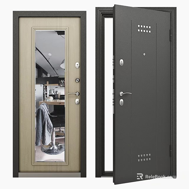 Swing Door With Glass Panel Dark Finish Multiple Locks And Door Handle For Home Interior 3d model 