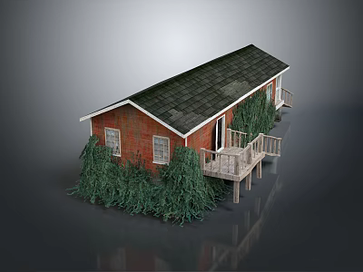 Red Brick Wooden House With Black Roof Windows And Wooden Deck Surrounded by Greenery 3d model