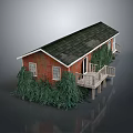 Red Brick Wooden House With Black Roof Windows And Wooden Deck Surrounded by Greenery