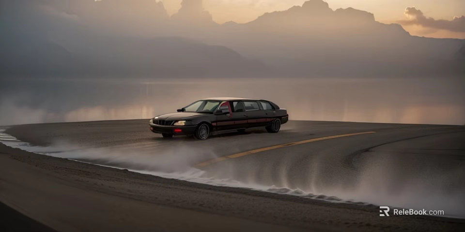 Black Station Wagon Driving on Road by Lake With Mountain Sunset Backdrop Creating Splashing Mist 3d model 