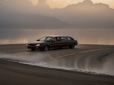 Black Station Wagon Driving on Road by Lake With Mountain Sunset Backdrop Creating Splashing Mist 3d model