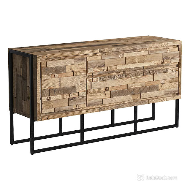 Rustic Modern Console Table With Patchwork Wooden Front And Black Metal Legs 3d model