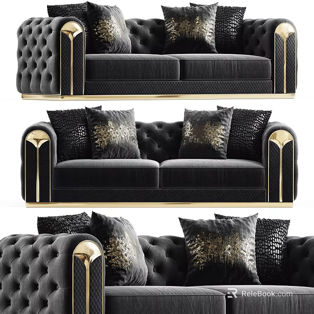 Black Velvet Two Seater Sofa With Gold Accents And Decorative Pillows Luxury Modern Design 3d model 