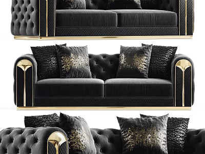 Black Velvet Two Seater Sofa With Gold Accents And Decorative Pillows Luxury Modern Design 3d model
