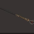 Ornate Curved Blade Weapon With Golden Decoration Red Gem And Black Textured Pole