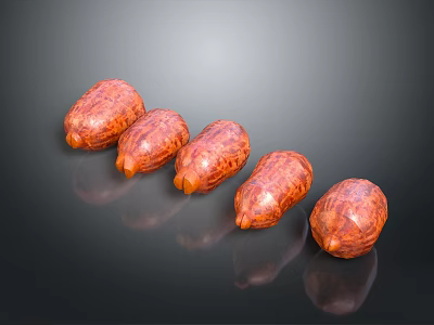 Delicious Five Textured Sausages Arranged on Black Background with Clear Reflections 3d model