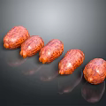 Delicious Five Textured Sausages Arranged on Black Background with Clear Reflections