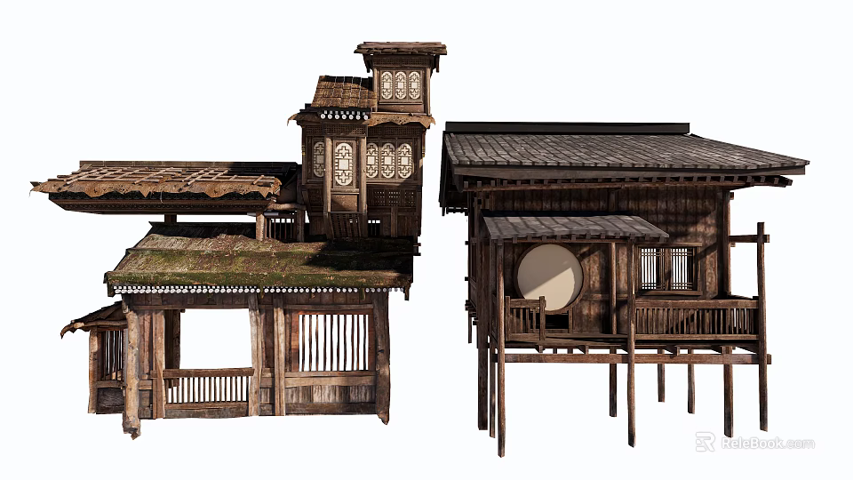 Traditional Ancient Architecture With Wooden Structures Tiled Roofs And Carved Windows 3d model 