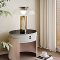 Modern Elegant Bedside Table With White Pink Frame Black Top And Gold Glass Lamp