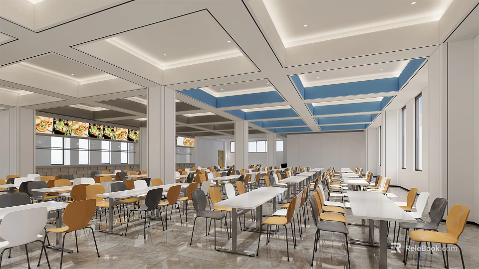Cafeteria Interior Design With Tables Chairs Ceiling Windows And Light Boxes 3d model