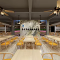 Spacious Cafeteria Interior With Neatly Arranged Yellow Tables Chairs Ceiling Lights And Marble Floor