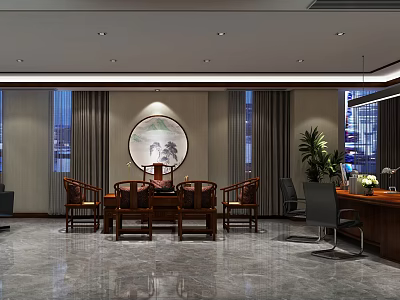 Traditional Chinese Office Interior With Circular Decorative Painting Wooden Furniture And Green Plants 3d model