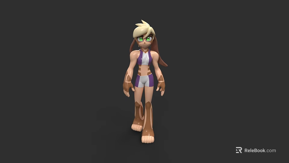 3D Character With Animal Features Blonde Hair Green Eyes And Purple White Outfit 3d model 