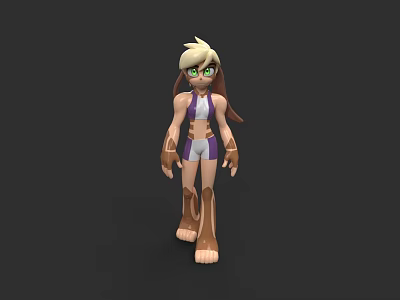 3D Character With Animal Features Blonde Hair Green Eyes And Purple White Outfit 3d model