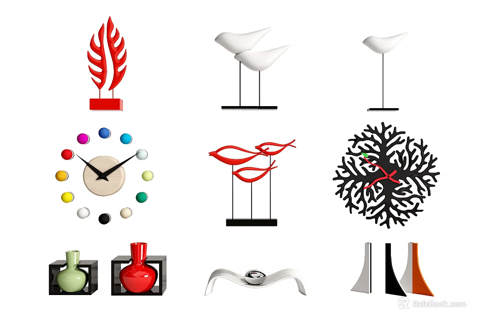 Colorful Modern Decorative Ornament Set With Leaf Bird Coral Shaped Clocks Vases And Geometric Pieces 3d model 