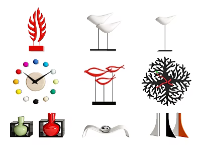 Colorful Modern Decorative Ornament Set With Leaf Bird Coral Shaped Clocks Vases And Geometric Pieces 3d model